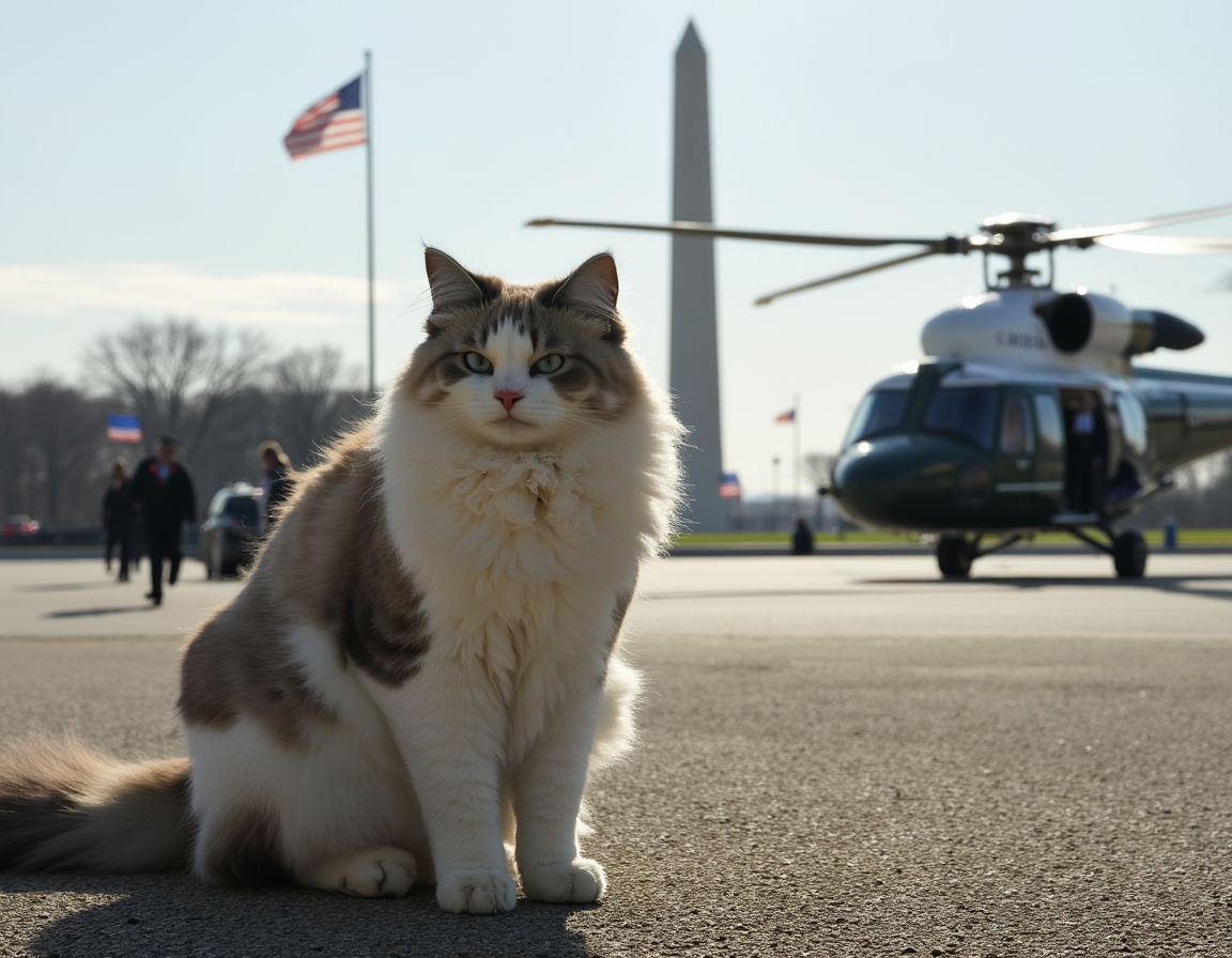 Cat braves the rotor wash beside Marine One, capturing a thrilling presidential travel send-off.